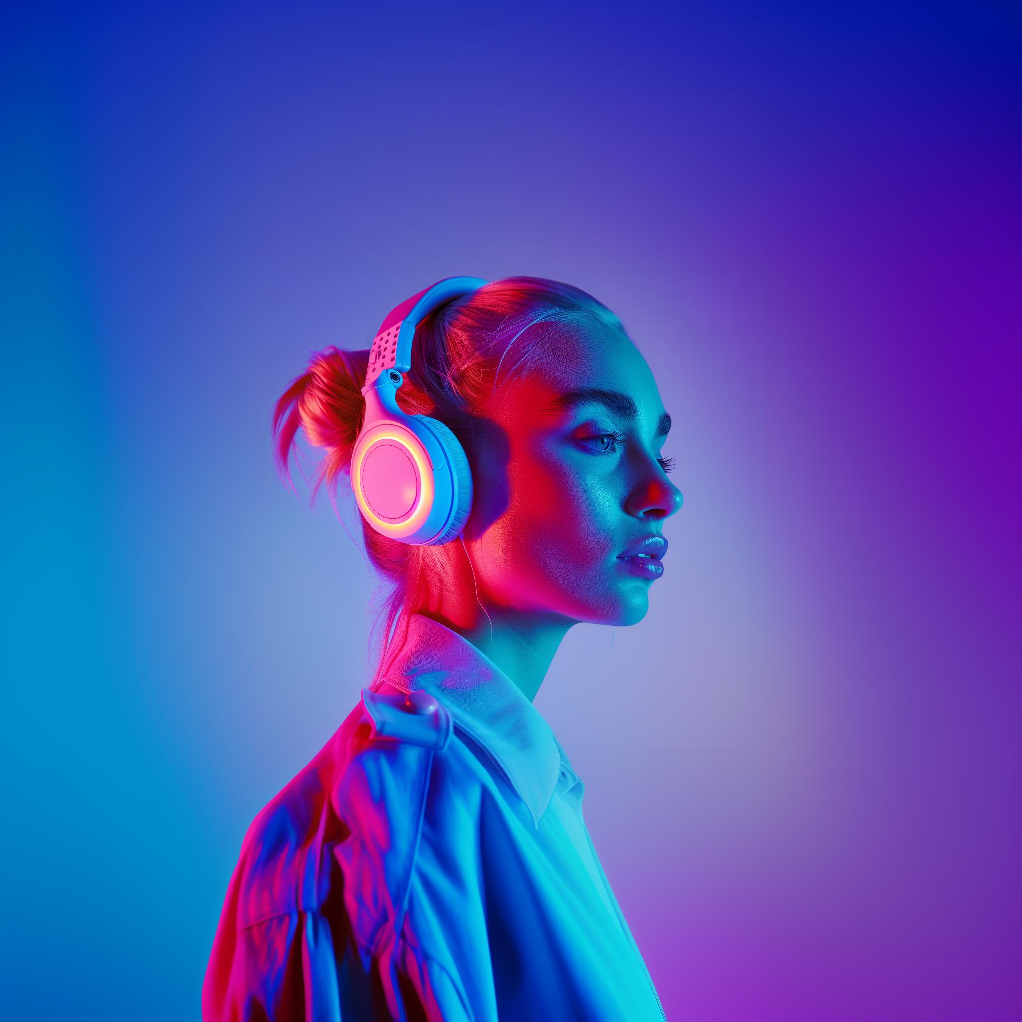 A woman with blond hair in a bun wears large headphones, illuminated by blue and pink neon lights, against a gradient background.