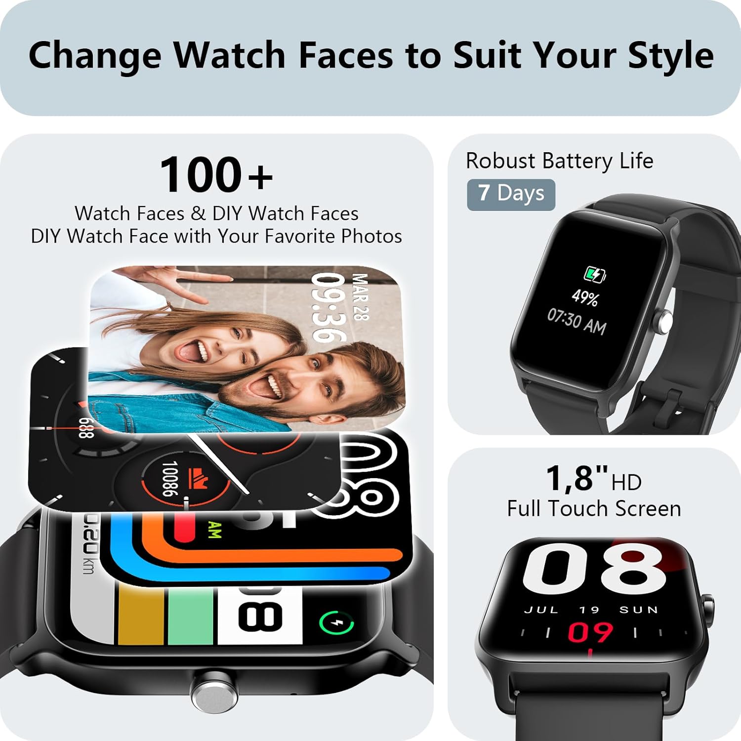 Professional Smart Watch with Alexa Integration, 1.8" HD Display, Call Functionality, Fitness Tracking, Heart Rate & Sleep Monitoring, SpO2 Measurement, IP68 Waterproof Rating, Compatible with iPhone, Samsung & Android, Supports Over 100 Sports Activities