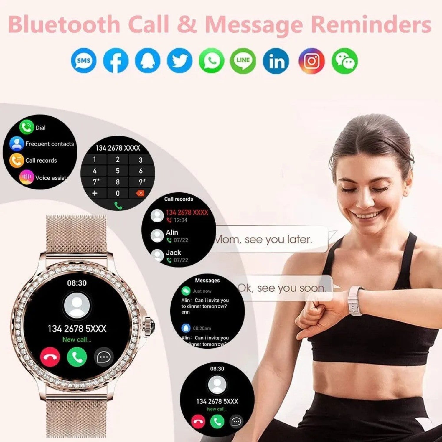 Rosegold Smart Watch for Ladies Bluetooth Call 100+Sports Mode Fitness Women Smart